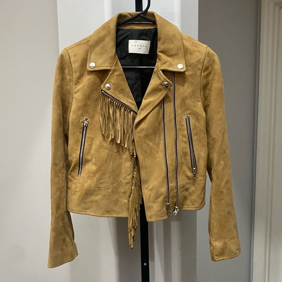 Sandro Suede Leather Western Tan Beige Fringe Jacket Moto Motorcycle Size XS